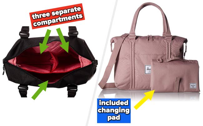 Two images of the black and pink bags 