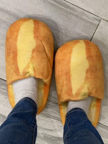Person wearing bread slippers