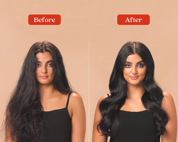 before and after of a model's messy to sleek hair using the oil
