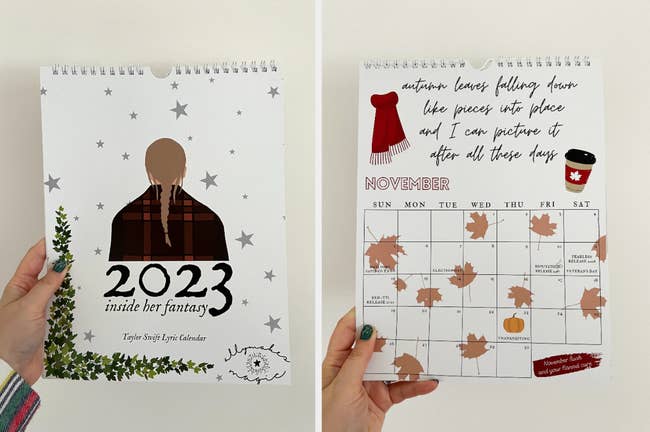 Two images of BuzzFeed editor holding the calendar