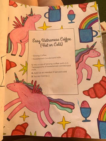 A reviewer's colored-in coloring book page covered in unicorns and rainbows and with a recipe for 