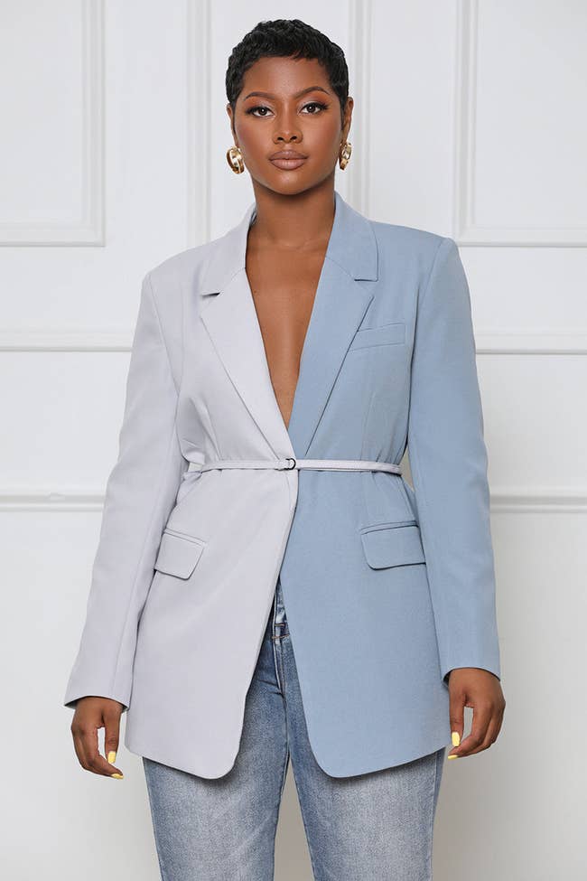 Model wearing the blue two-tone blazer