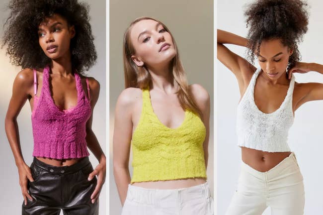 split images of models wearing a cable knit sweater tank top in pink, yellow, and white