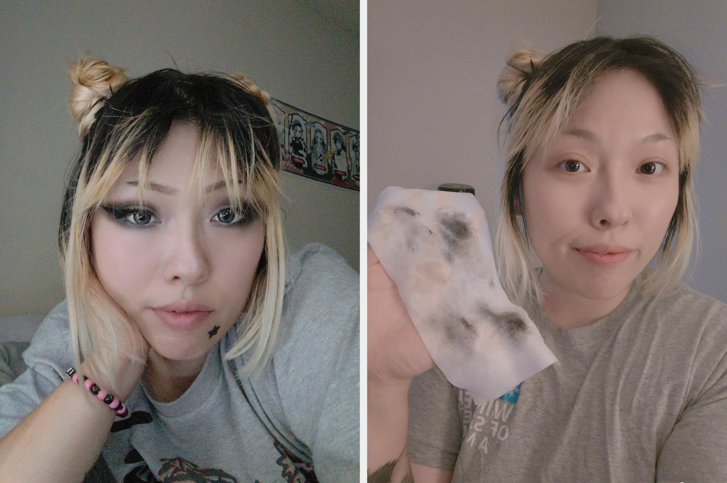 Person removing constitution  with a cleansing wipe. On the left, melodramatic  oculus  makeup; connected  the right, makeup-free and holding the utilized  wipe
