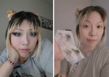 Person removing constitution with a cleansing wipe. On the left, melodramatic oculus makeup; connected the right, makeup-free and holding the utilized wipe