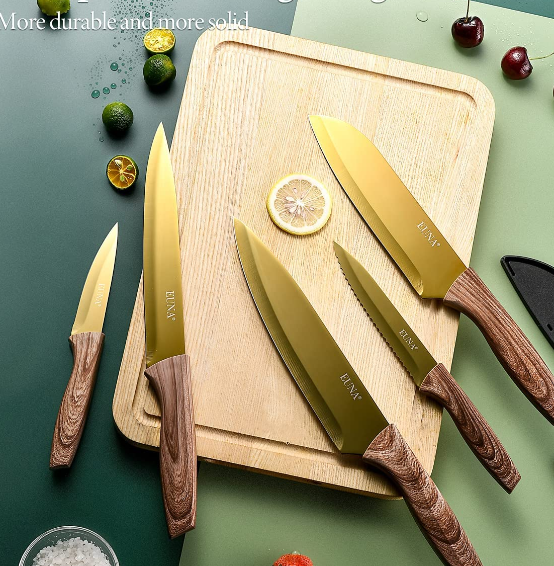 the gold knife set on a cutting board surrounded by various ingredients