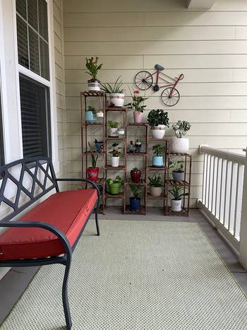 A porch with a bench, a green carpet, and a shelving unit filled with various potted plants, and a decorative red bicycle on the wall