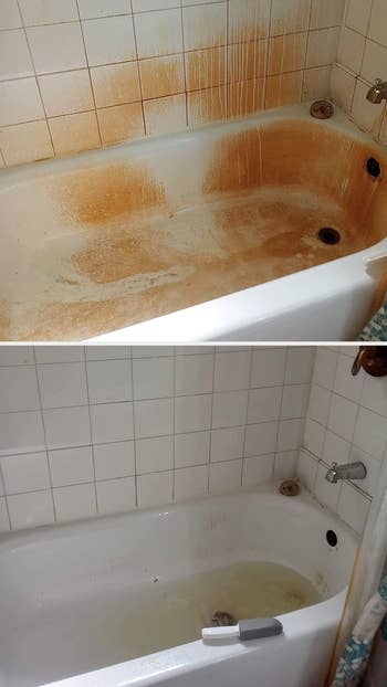 before/after of a rusted tub that's been cleaned and left porcelain white