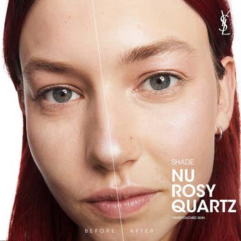 a model showing a before/after of the nu rosy quartz highlighter