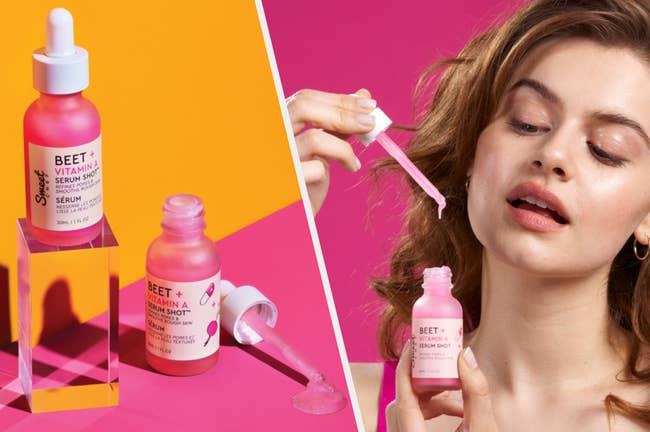 Two images of the pink serum bottle and model holding it