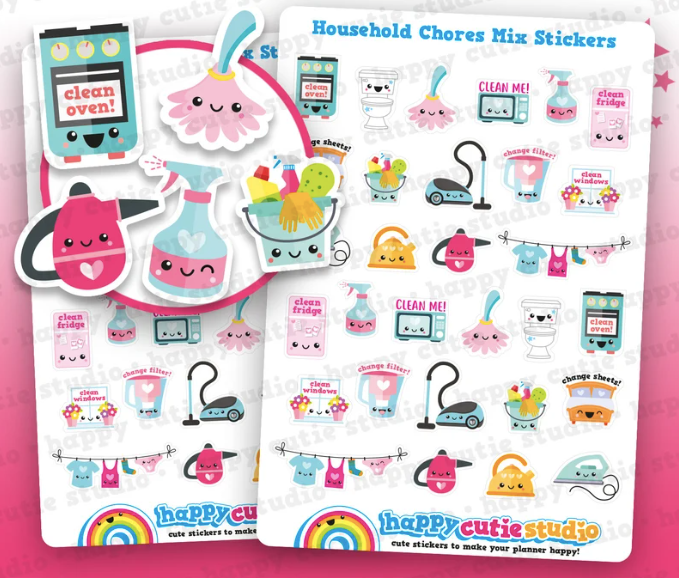 stickers with different household chore items with cute faces, like an iron, toilet, spray bottle, and vacuum, plus other reminders like a water filter with a face and text 