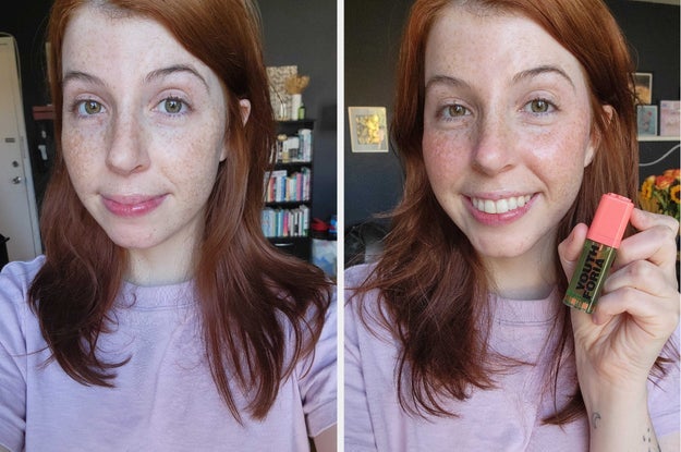 before/after of buzzfeed editor showing how the blush oil adds a rosy glow to bare skin