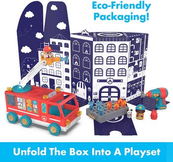 Firetruck toy with cardboard box turned into playset
