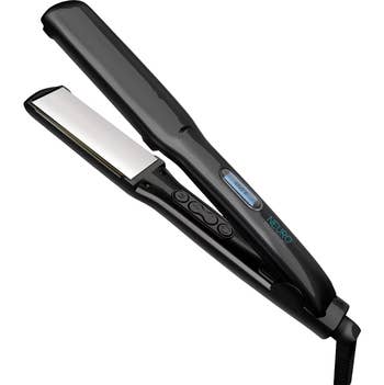 Product image of black and silver hair straightener with digital display