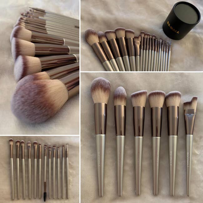 Makeup brushwood acceptable with assorted brushwood types and sizes, including a spoolie. Brushes person sleek metallic handles and are arranged neatly
