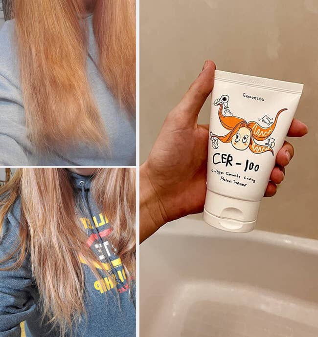 (1) a reviewer's before and after of dry hair before using product, then silky hair after using product (2) a reviewer holding up the product bottle