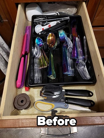 a reviewer photo of a cutlery drawer labeled 
