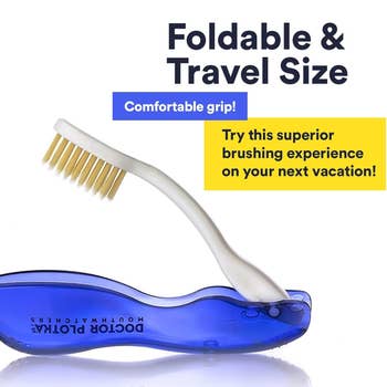 Advertisement for a foldable travel-sized toothbrush with a comfy  grip