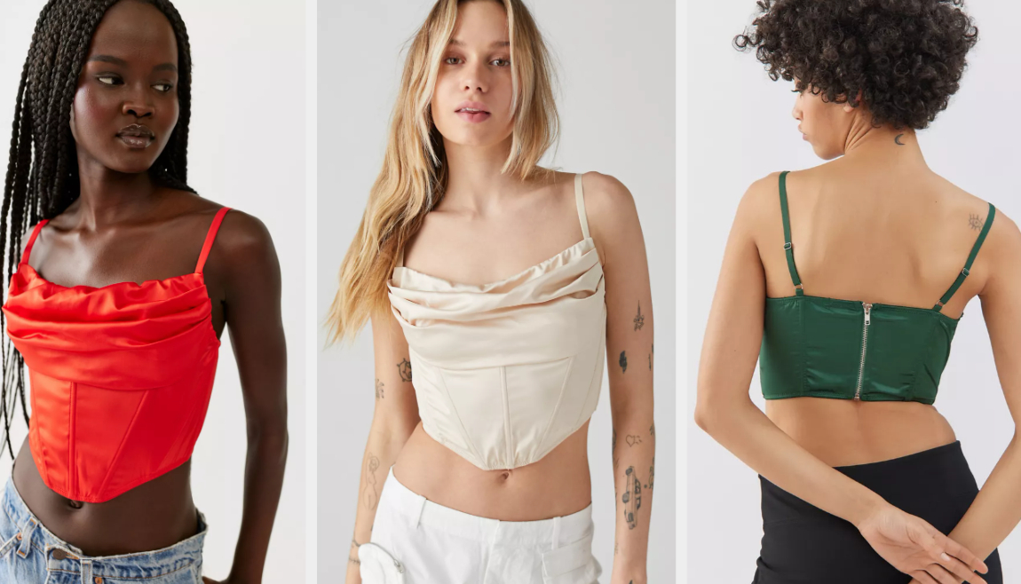 Three images of models wearing red, ivory, and green tops