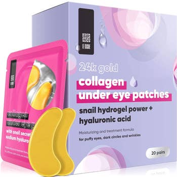Packaging of 24K Gold Collagen Under Eye Patches with snail hyaluronic acid, claiming to moisturize and treat dark circles
