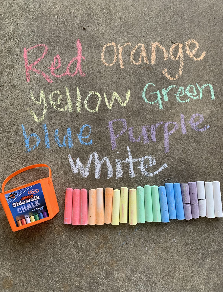 Reviewer photo of all the chalks and the words red, orange, yellow, green, purple, blue, and white written in their prospective colors