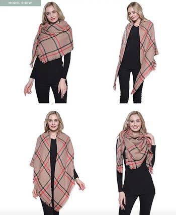 A model wearing the tan red and black check version different ways, as both a scarf and a shawl