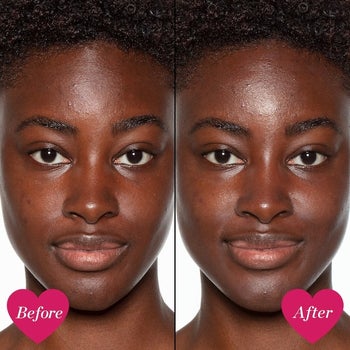 model with dark skin before and after applying the sunscreen showing there is no white cast