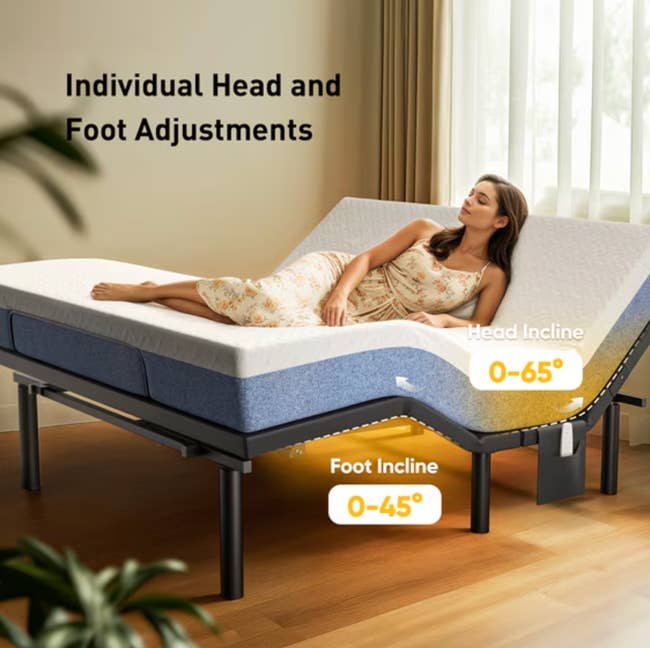 person reclining connected an adjustable mattress with abstracted caput and ft elevation options, showing assorted incline angles