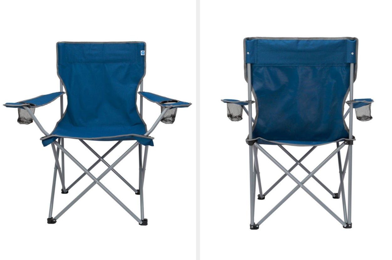 collage, front and back view of blue camping chair