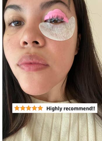 reviewer showing the process of using the lift kit on one their eyes