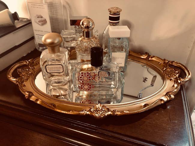 reviewer's perfume on the mirror