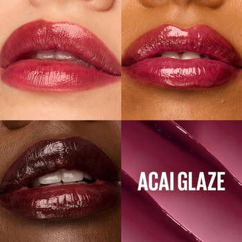 Four images show close-ups of lips wearing a glossy lip product in a berry shade, labeled 