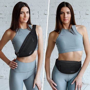 model showing how to wear the fanny pack around the waist and as a crossbody bag