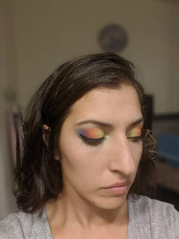 Reviewer wearing the palette as a rainbow look on their lids