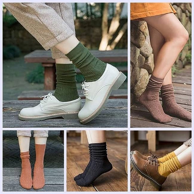 five different photos of models wearing the socks in various colors 