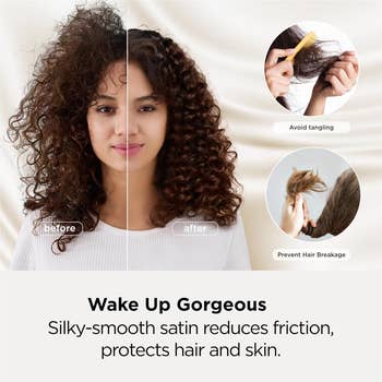 Model with curly hairsbreadth  showing 'before' and 'after' effects of utilizing satin pillow case, highlighting reduced tangling and hairsbreadth  breakage