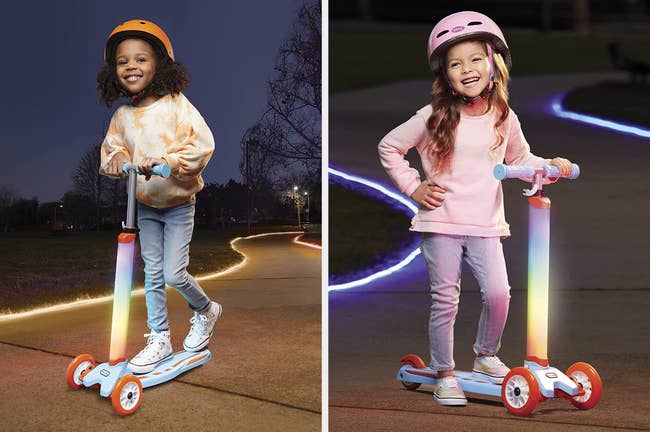 Split image of two child models riding light blue- and rainbow-colored scooter with red wheels