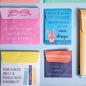 A collage of colorful envelopes with reading challenge prompts, such as reading a book by its cover design