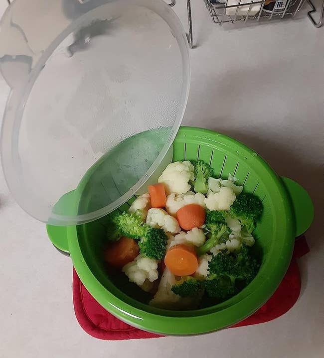 reviewer image of steamed veggies in the mini steamer