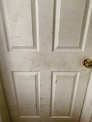 before reviewer image of a stained and dirty white door