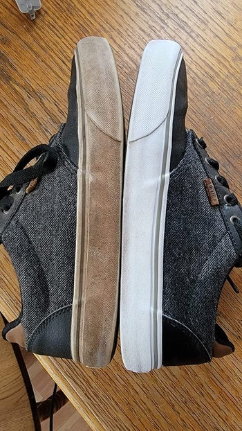 A reviewer's sneaker soles before covered in dirt and after white and clean