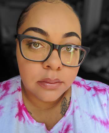 a reviewer wearing the primer and foundation 