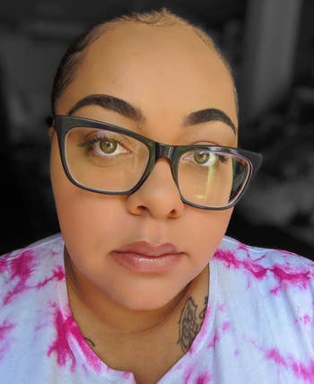 a reviewer wearing the primer and foundation 