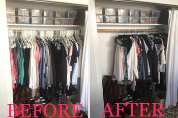 reviewer before and after photo showing significant space saved in closet using velvet hangers