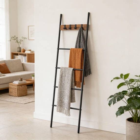 Decorative ladder with hooks displaying textured scarves successful a modern surviving country setting