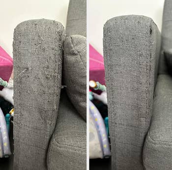 before/after of a shredded couch that's been shaved and cleaned up