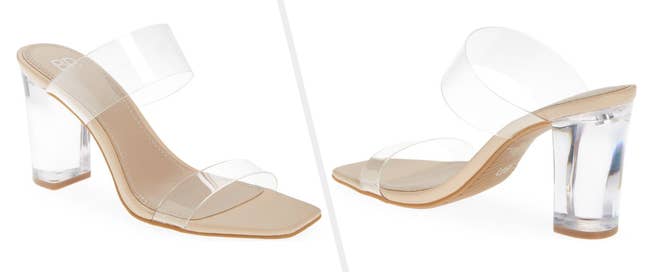 Two images of clear heel sandals