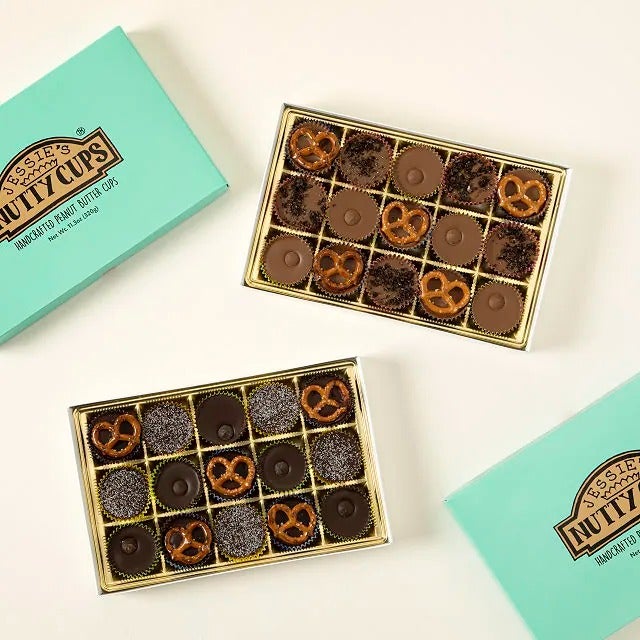 box of gourmet peanut butter cups, some with pretzels on top