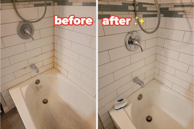 Before-and-after photograph  of a bathtub, showing soiled  grime buildup successful  the 