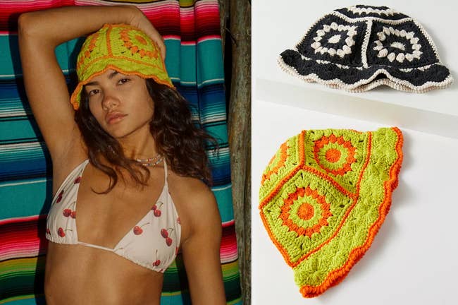 Model wearing green and orange crocheted granny square hat, product also in black and white on a white background